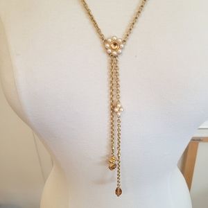 AVON Rare Lariat Amber Glass Cabochon Faux Pearl Brushed Gold Tone Necklace